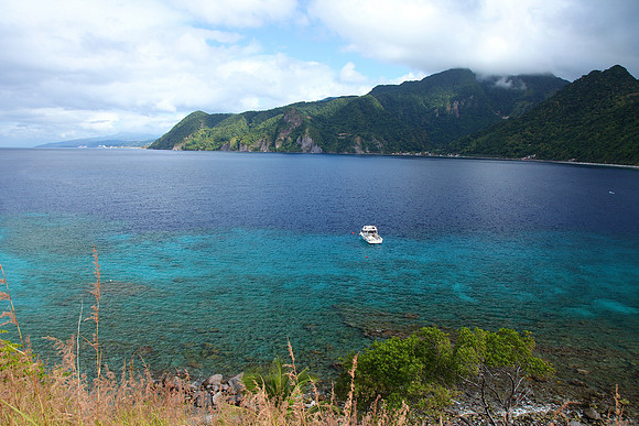 A diving boat in Soufriere Bay