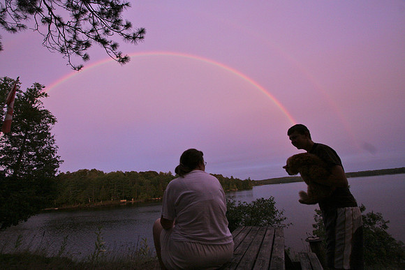 Nice evening rainbow, with Judy, Ewan, (and Sweeney).